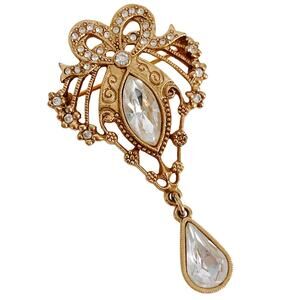 Vintage Y2K 1928 Gold Tone Rhinestone Bow Brooch With Dangle Teardrop